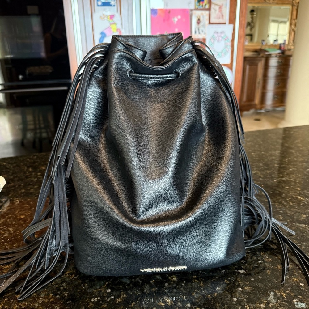 Victorias Secret Black Fringe Backpack  Cinch Bag Western Boho